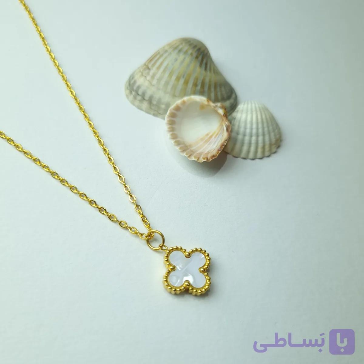 گردنبند ونکلیف سفید طلایی تک گل استیل — تصویر 1