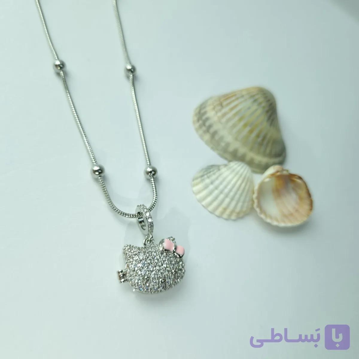 گردنبند لاکت هلو کیتی فول نگین استیل با زنجیر توپی — تصویر 1