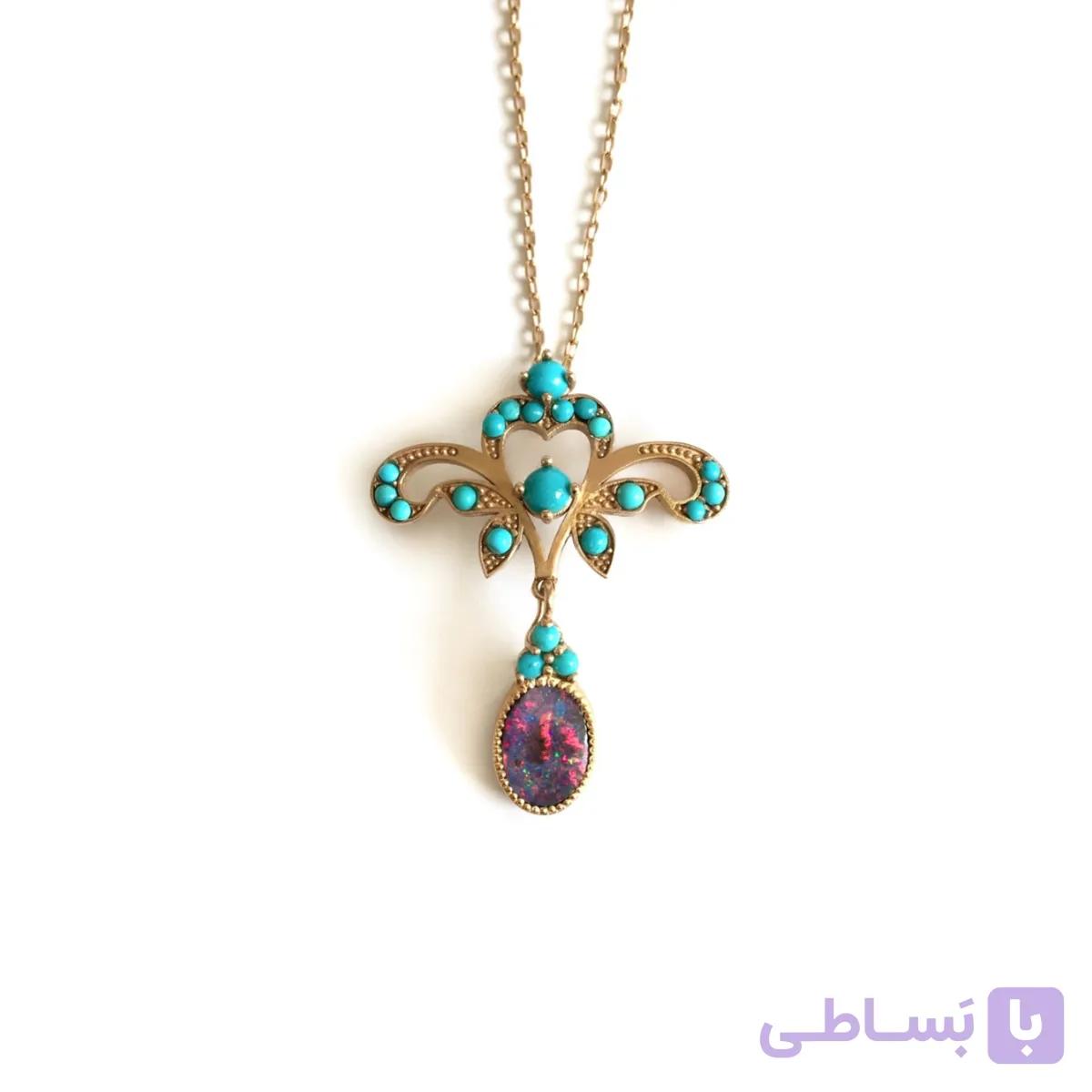 گردنبند فیروزه و اپال نقره — تصویر 1