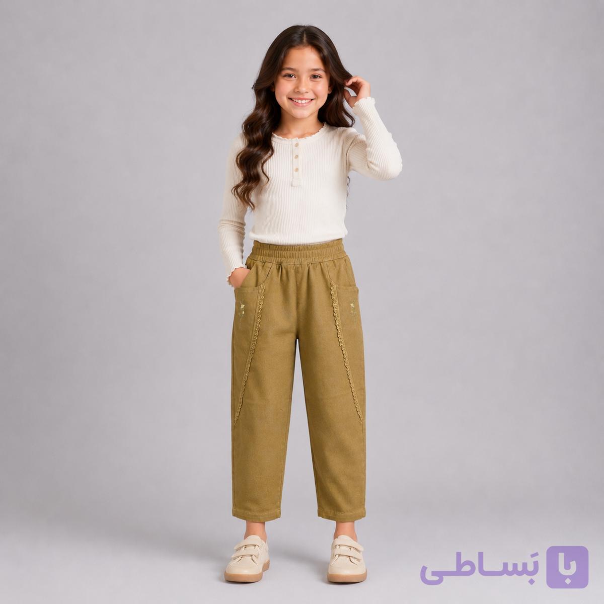 شلوار مام فیت دخترانه شتری روشن گلدوزیدار با تزیین گیپور