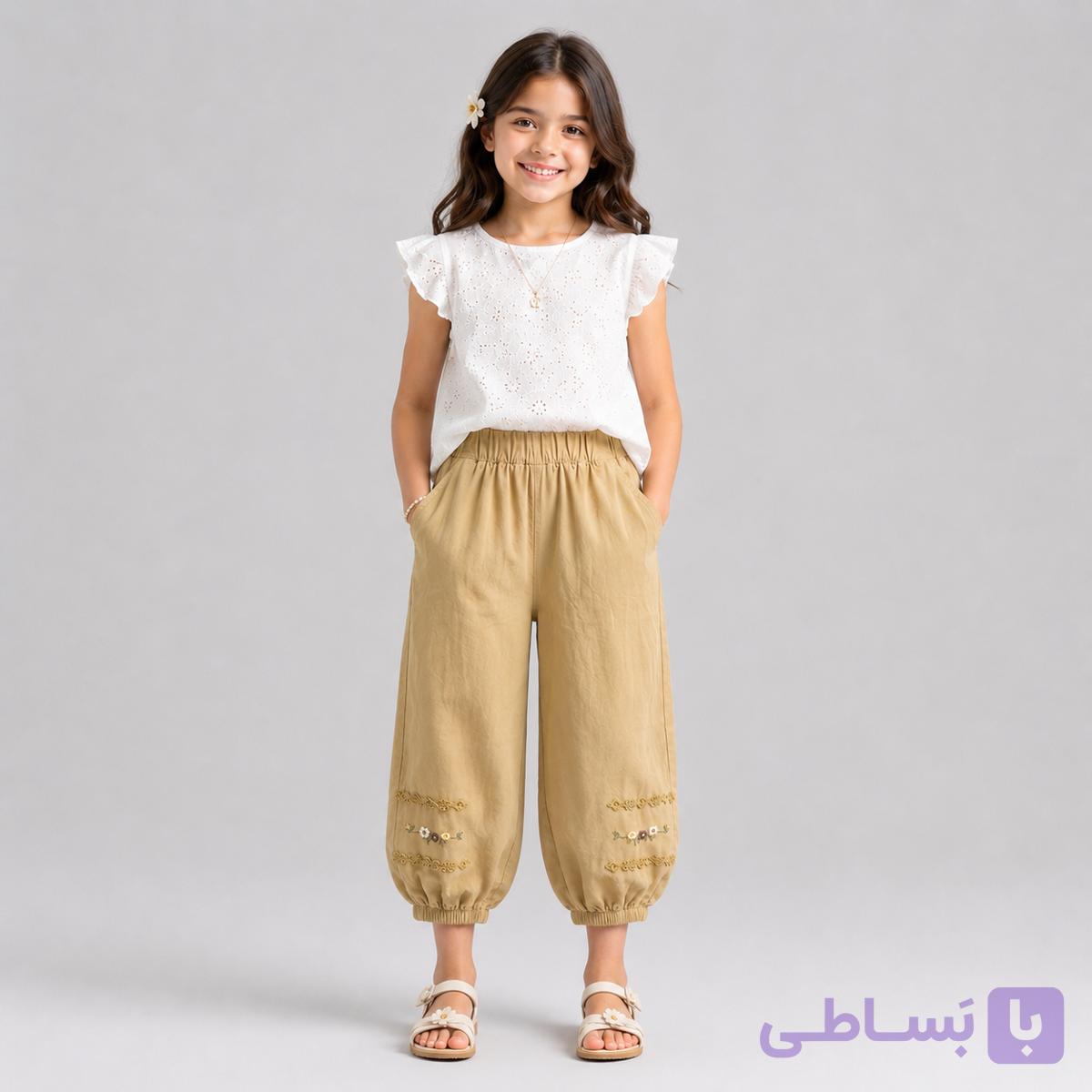 شلوار سمبادی دخترانه کرم شنی گلدوزی گل