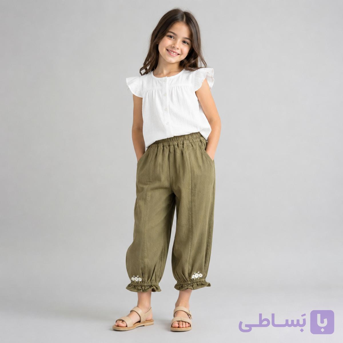 شلوار سمبادی دخترانه زیتونی با گلدوزی گل