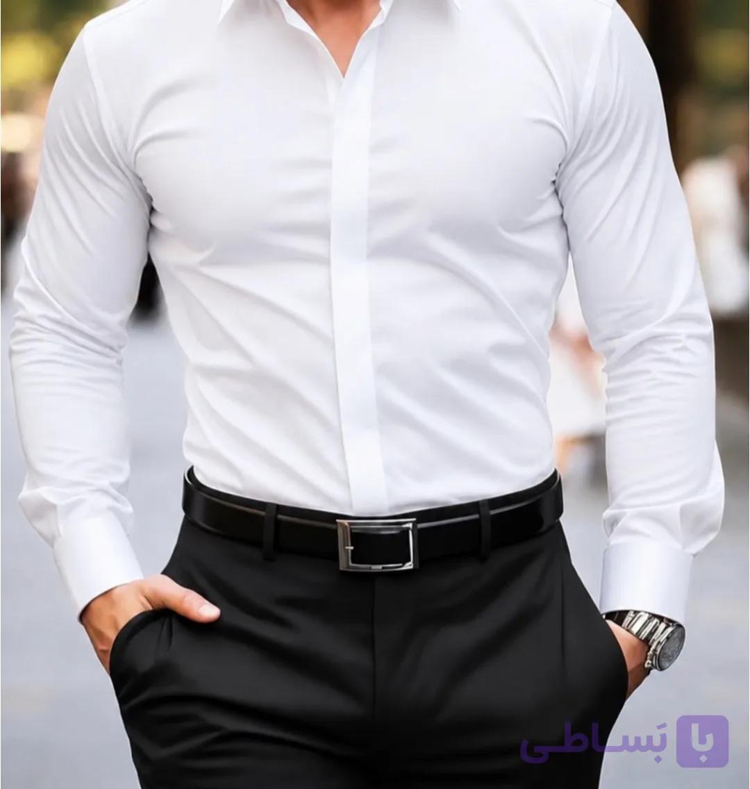 پیراهن آستین بلند و کوتاه جنس تترون نخ پنبه لاین VIP رنگ سفید یقه ساده و دیپلمات سایزM تا ۵XL