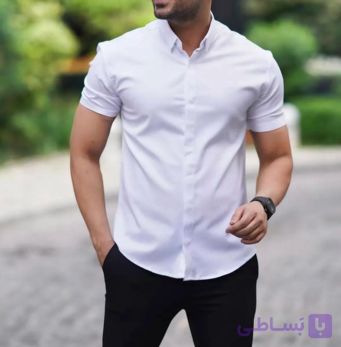پیراهن استین کوتاه جنس پارچه دوشین اسپرت رنگ سفید سایزM تا ۵XL