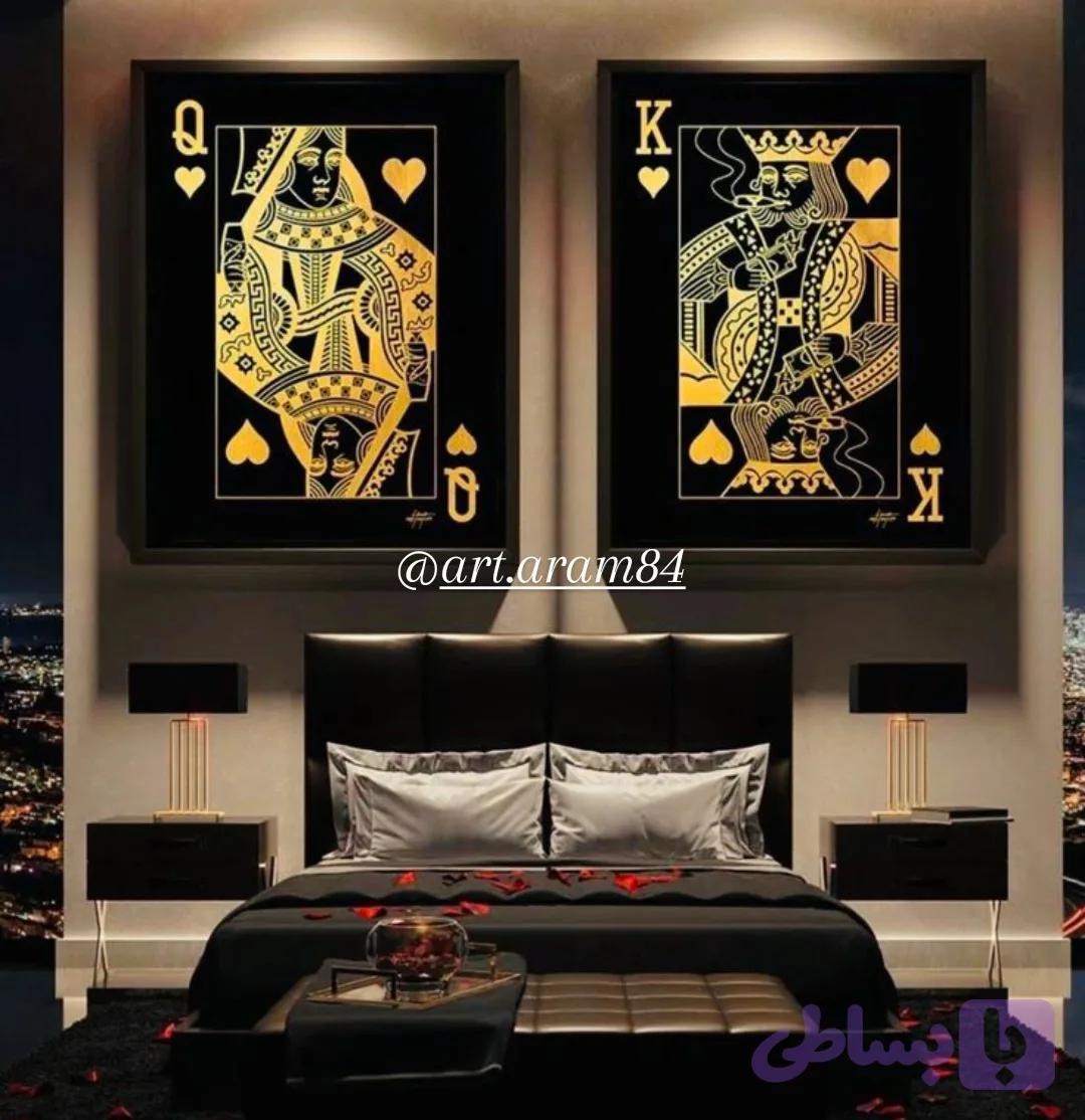 تابلو دکوراتیو طلاکوب دست‌ساز ۵۰×۷۰ طرح پاسور King & Queen طلایی