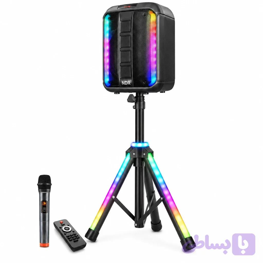 اسپیکر بلوتوثی قابل حمل ۱۲ اینچ مدل NDR-102A به همراه پایه RGB و میکروفون بی‌سیم (ارسال رایگان)