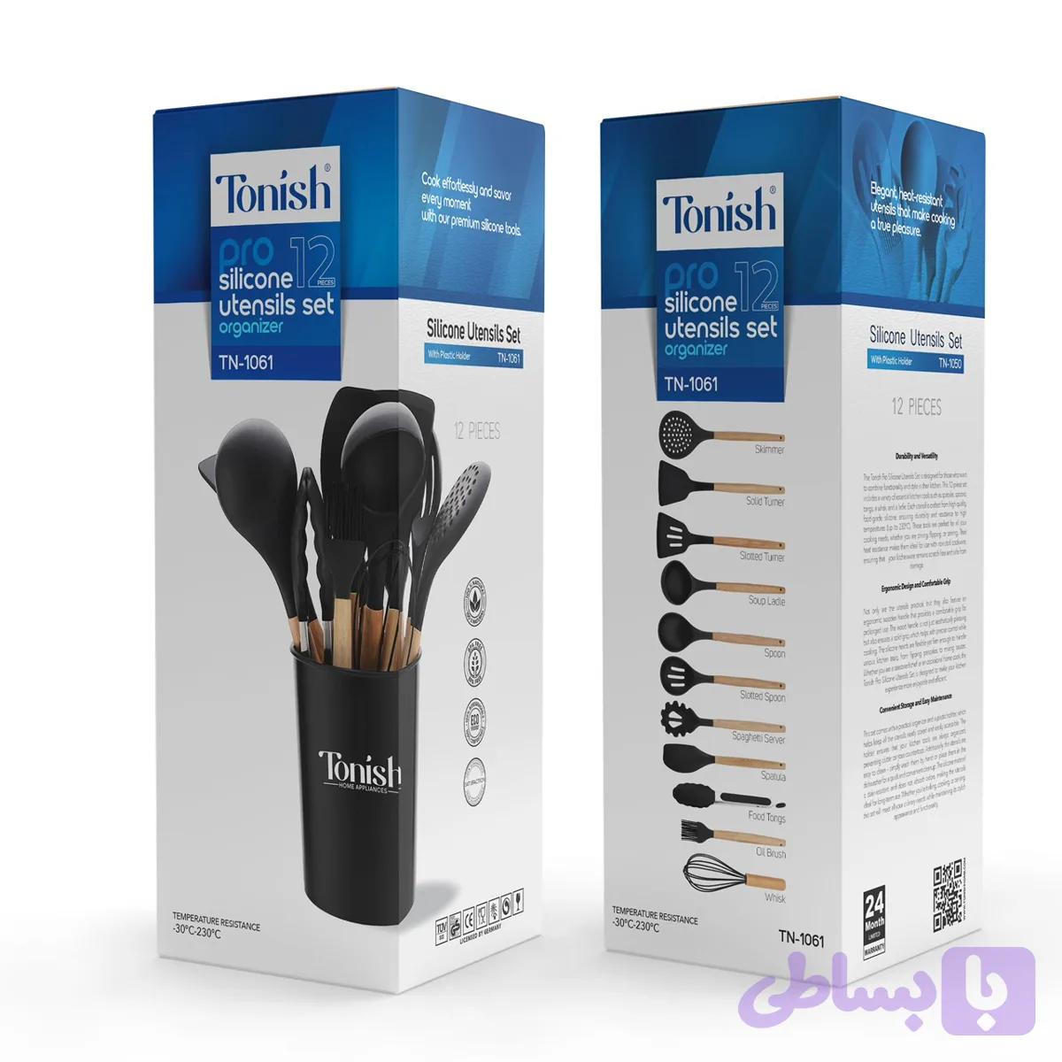 سرویس ۱۲ پارچه کفگیر و ملاقه سیلیکونی تونیش مدل TN-1061 با پایه نگهداری (ارسال رایگان)