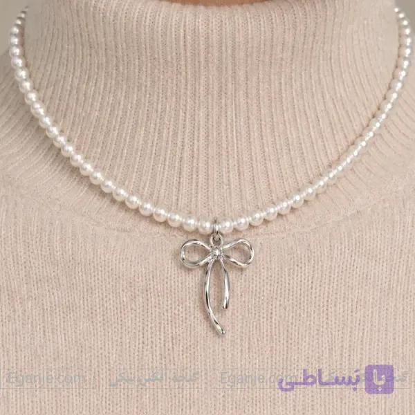 گردنبند مروارید پاپیون استیل رنگ ثابت | ارسال فوری — تصویر 1