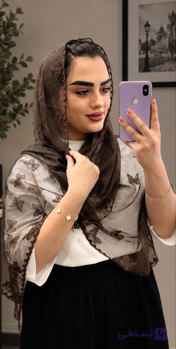 شال توری قهوه‌ای پروانه حاشیه دار
