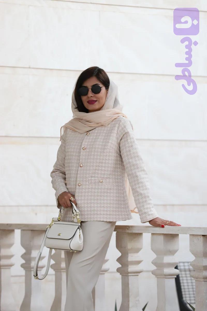 کت زنانه مدل ژاکارد پیچازی رنگ کرم داری سایزبندی