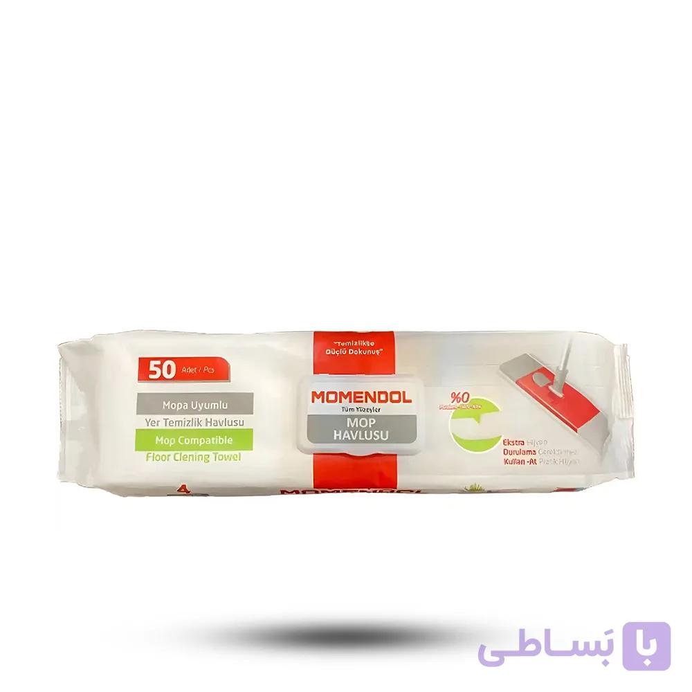 دستمال مرطوب طی کشی یکبار مصرف Momendol رایحه صابون و کاج بسته 50 عددی