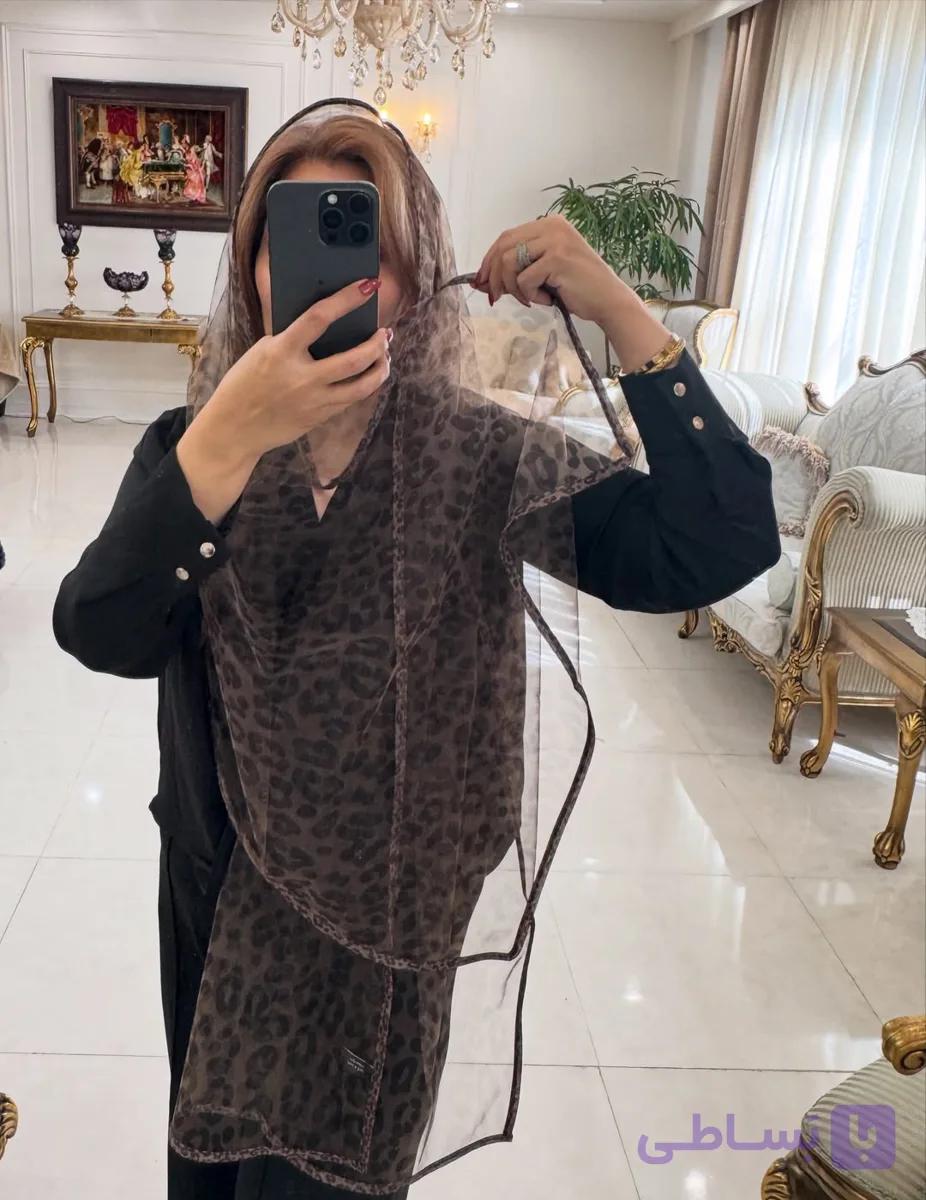 شال تور حریر پلنگی قهوه ای موکا