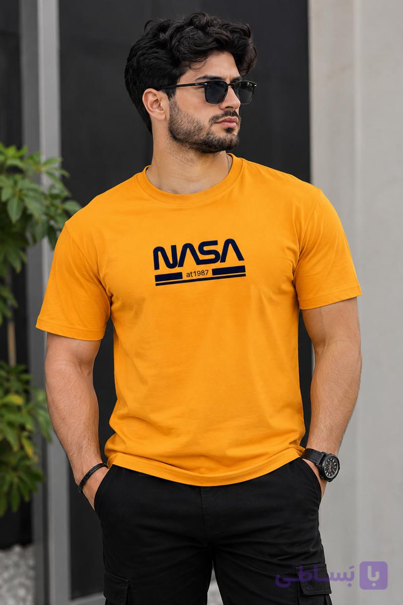 تیشرت مردانه طرح NASA رنگ زرد خردلی سایز بندی