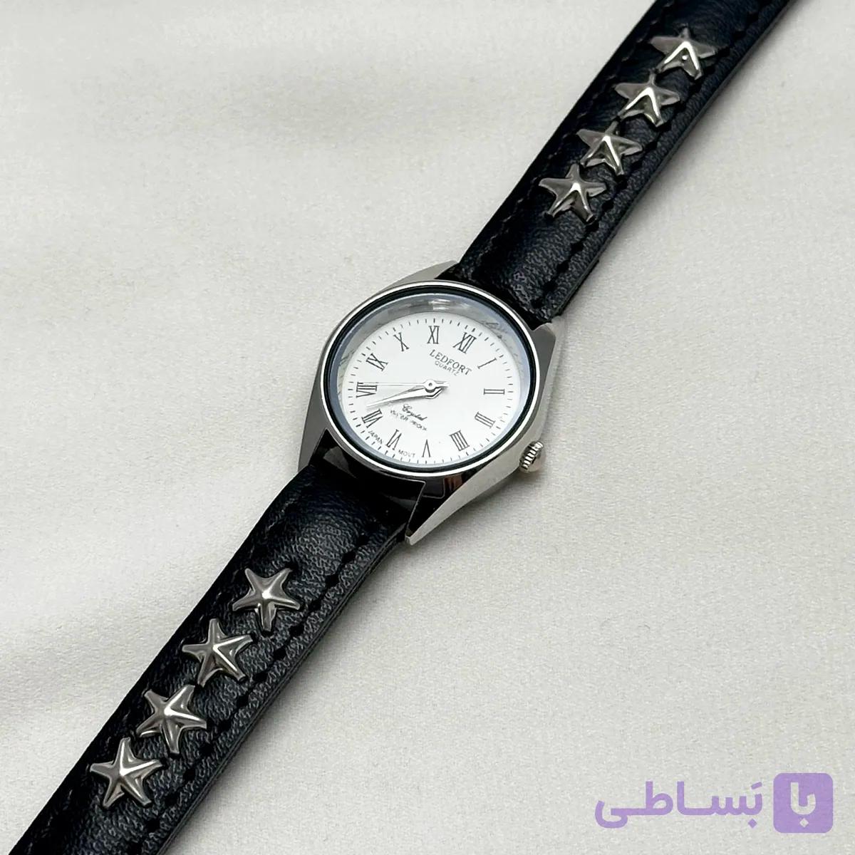 ساعت وارداتی بند چرمی مشکی مدل چهار ستاره