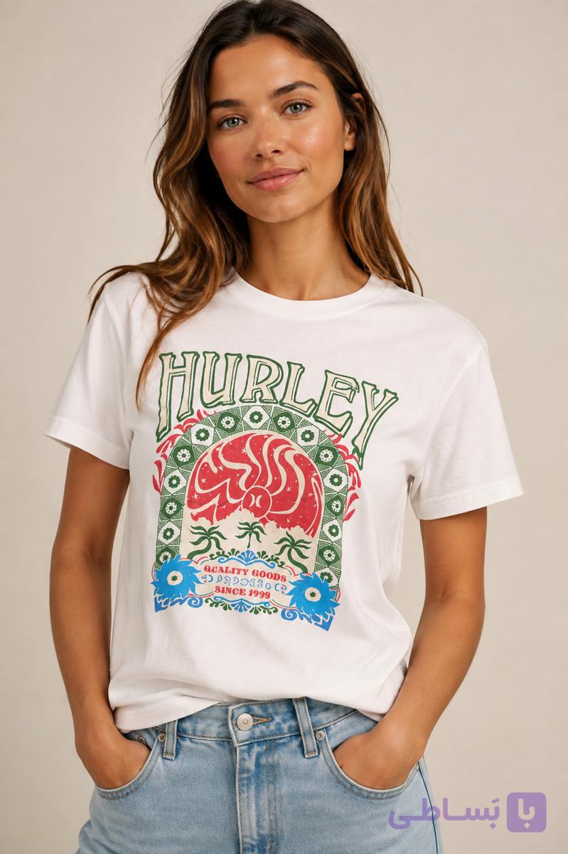 تیشرت زنانه آستین کوتاه کتان مدل  پشت طرح دار برند Hurley (اورجینال) رنگ سفید کد 305002 — تصویر 1