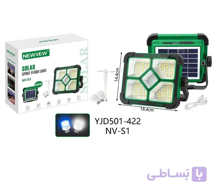 پروژکتور LED شارژی خورشیدی 200 وات NEWVEW مدل NV-S1 | چراغ اسپات لایت خورشیدی با فلاشر قرمز و آبی، خروجی USB، IP66 — تصویر 1