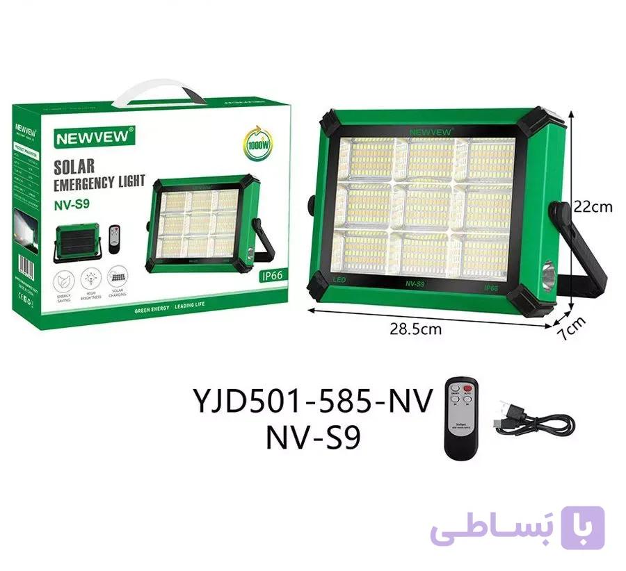 پروژکتور LED شارژی خورشیدی 1000 وات NEWVEW مدل NV-S9 | چراغ اضطراری خورشیدی با فلاشر قرمز و آبی، ریموت کنترل، خروجی USB — تصویر 1
