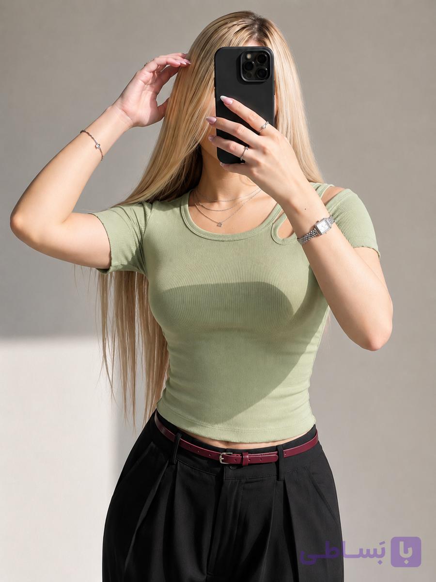 کراپ تیشرت دخترانه سرشانه اشکی کتان کبریتی بهاره کد ۲۵