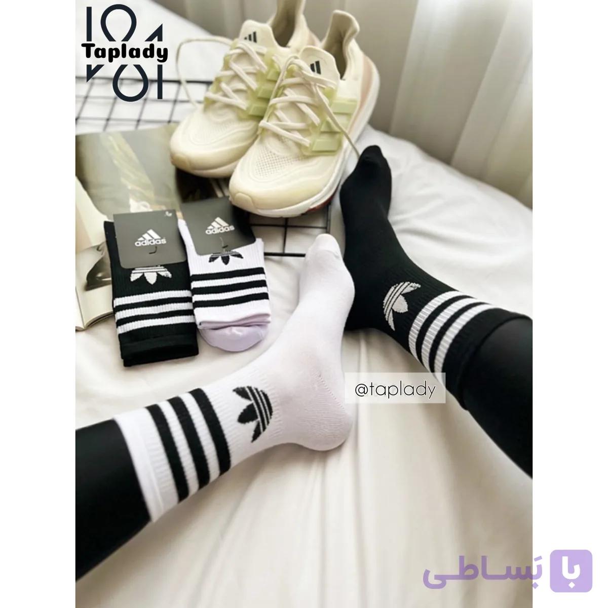 جوراب آدیداس ساق بلند اسپرت سفید مشکی ورزشی
