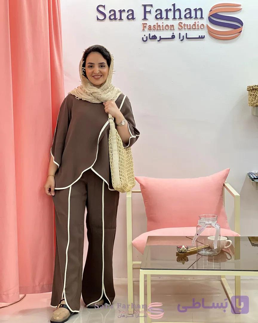 ست دو تیکه زنانه سیلک مغزی‌دوزی سفید لاله (شومیز و شلوار بگ چاک‌دار) — تصویر 1
