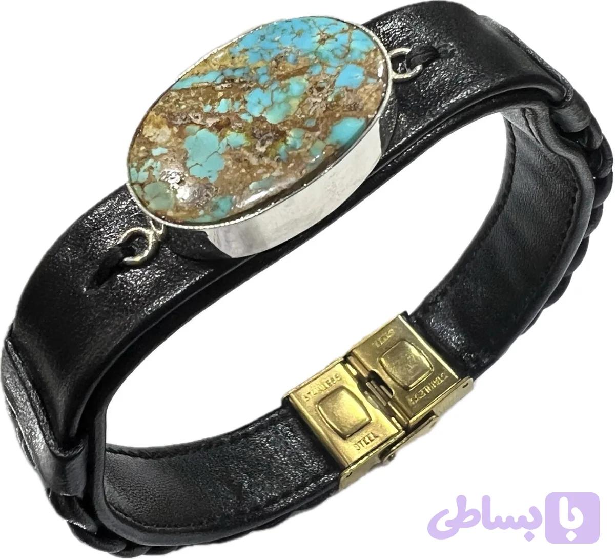 دستبند چرم فیروزه همراه با قاب نقره و سنگ فیروزه شجر اصل نیشابور c2