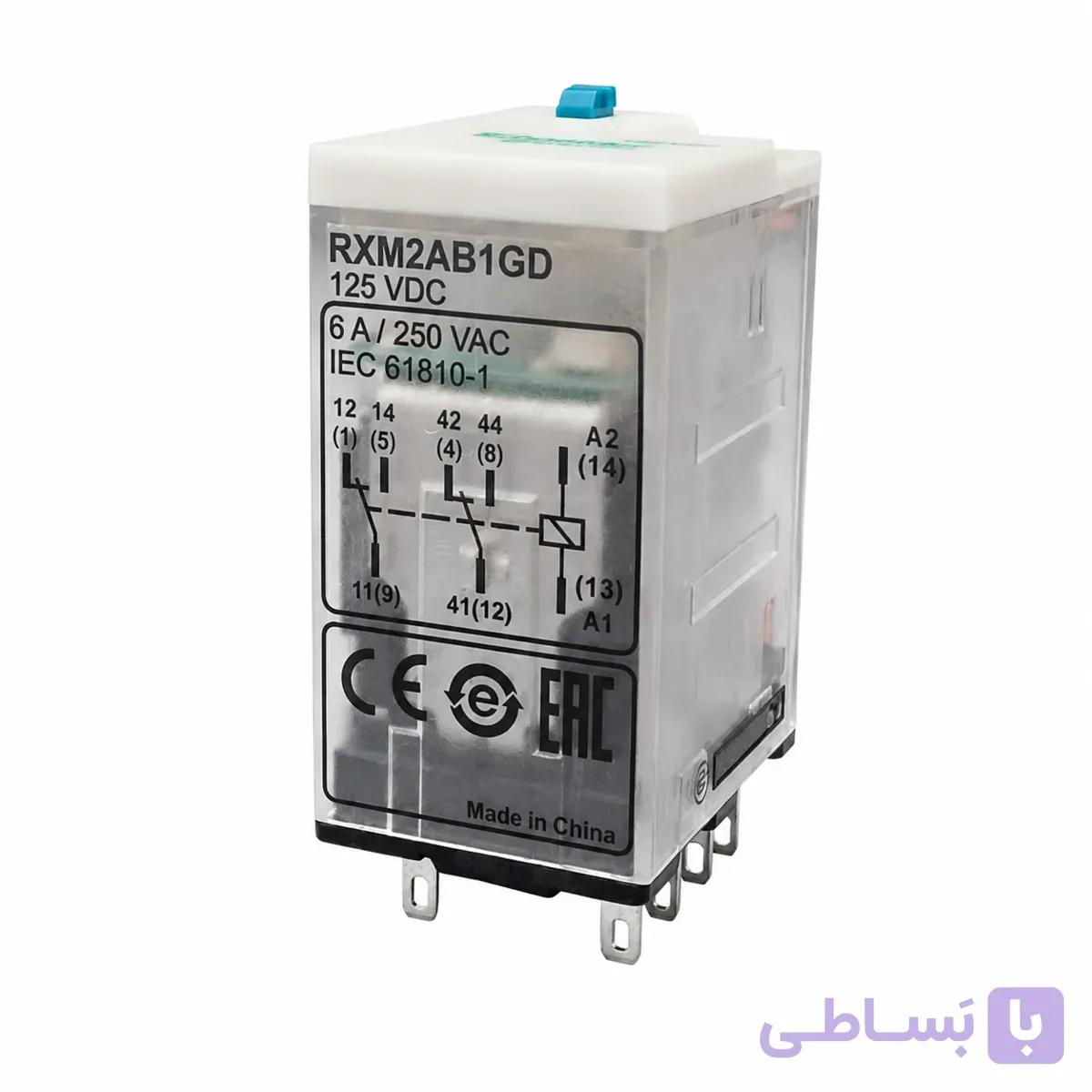رله اشنایدر شیشه ای 8 پایه 6 آمپر 125 ولت Schneider Relay RXM2AB1GD DC — تصویر 1