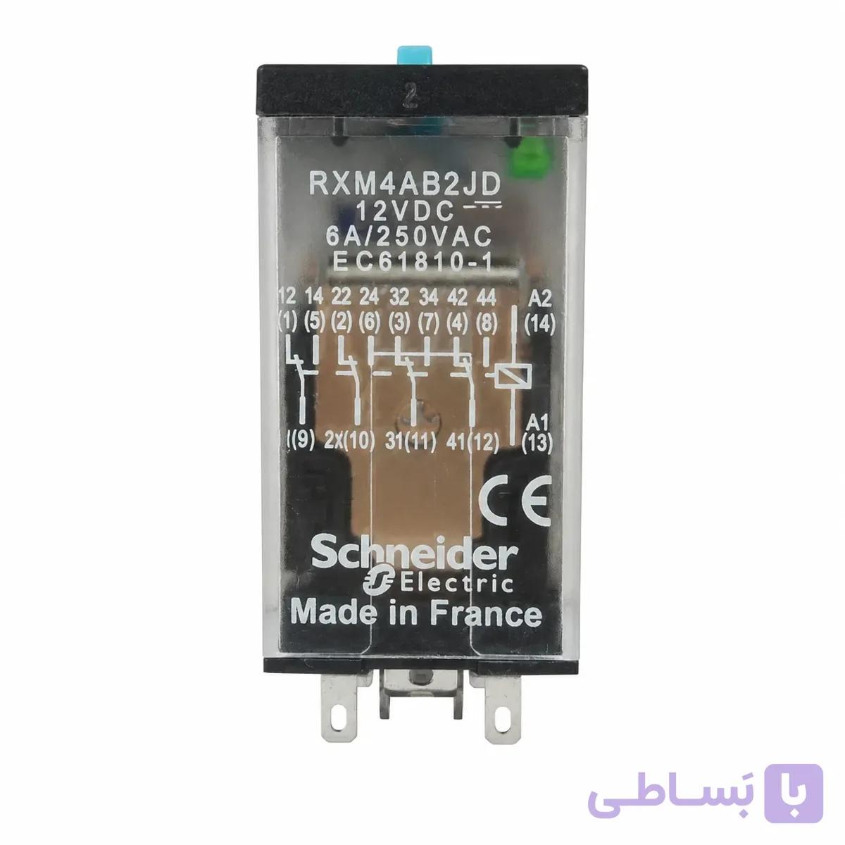 رله اشنایدر شیشه ای 14 پایه 6 آمپر 12 ولت Schneider Relay RXM4Ab2JD DC — تصویر 1