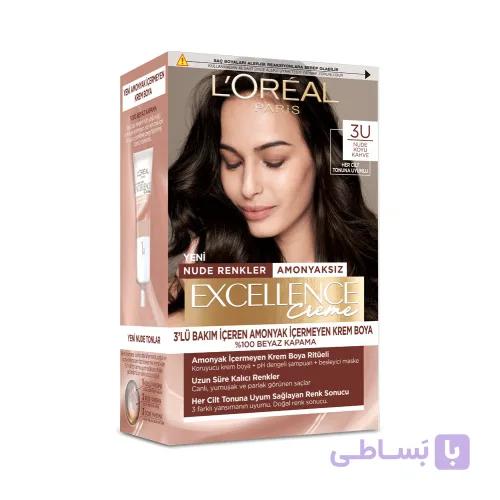 رنگ مو لورال بدون آمونیاک رنگ 3U قهوه‌ای تیره سری Excellence Creme Nude — تصویر 1