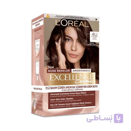 رنگ مو لورال بدون آمونیاک رنگ 4U  قهوه‌ای نود سری Excellence Creme Nude — تصویر 1