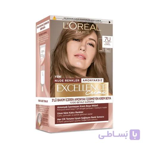 رنگ مو لورال بدون آمونیاک رنگ 7U  قهوه‌ای روشن طبیعی سری Excellence Creme Nude — تصویر 1
