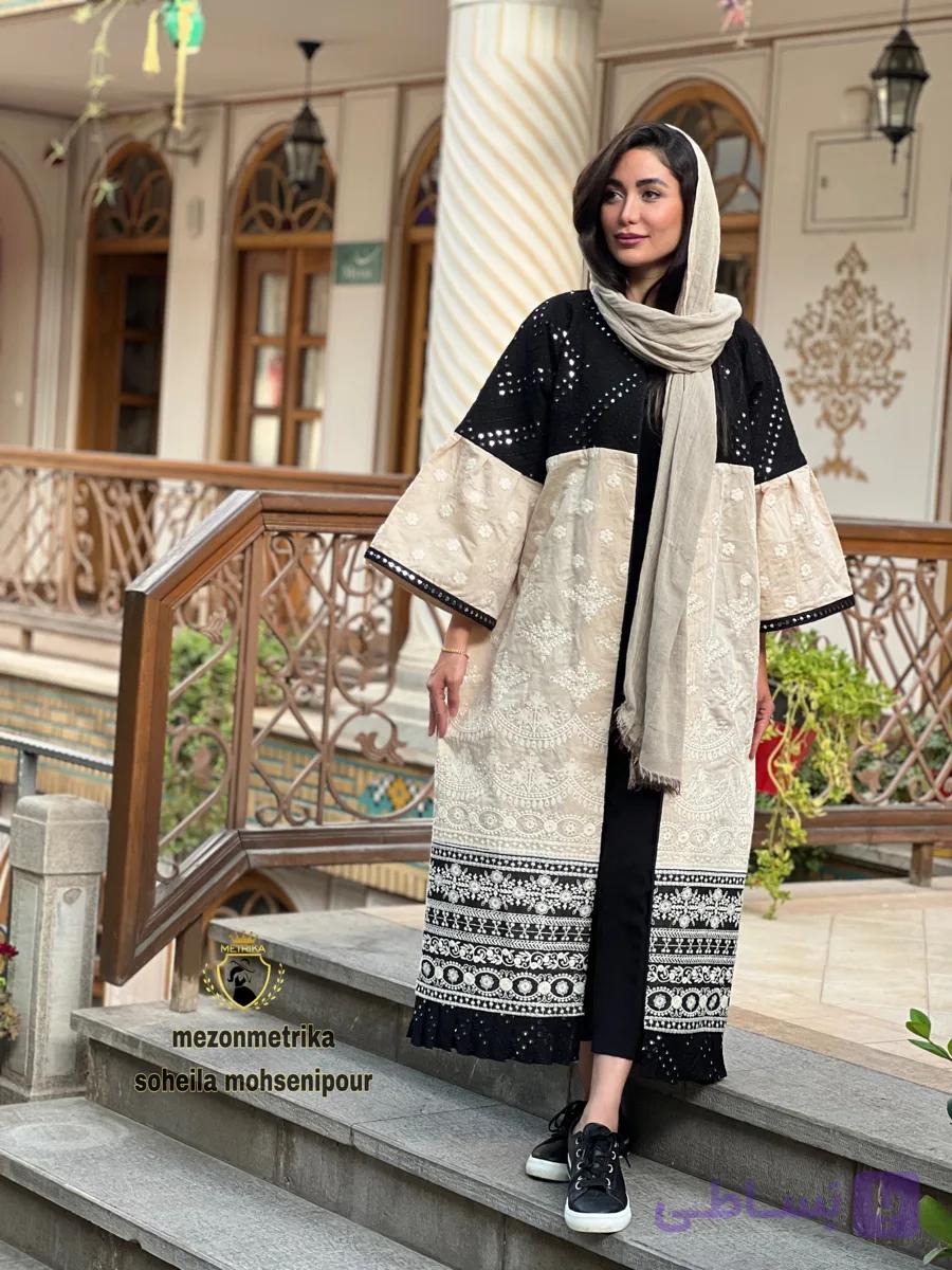مانتو زنانه بلند سوزندوزی کرم ومشکی کد34
