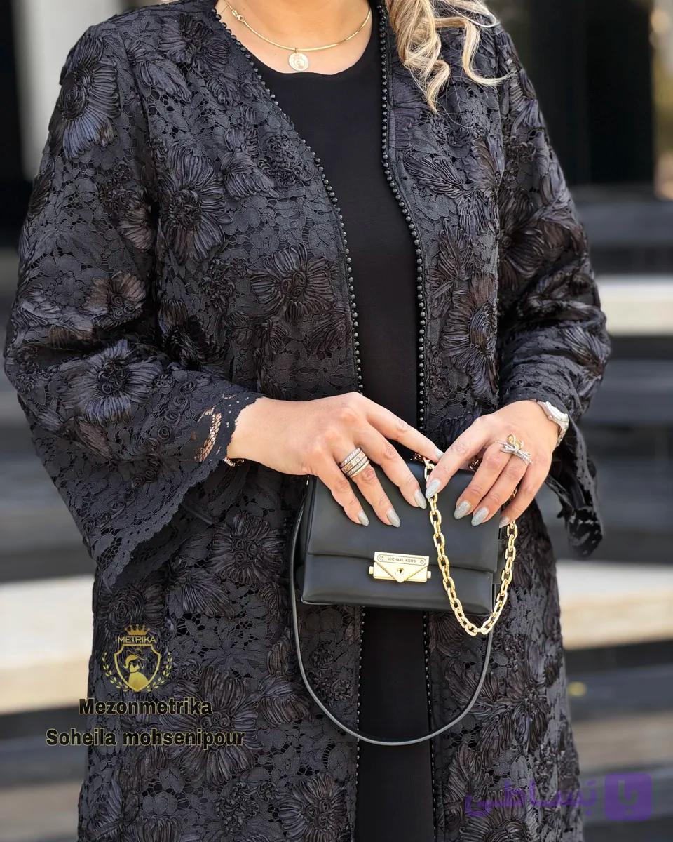 مانتو زنانه بلند مشکی تور دانتل با گل برجسته کد50