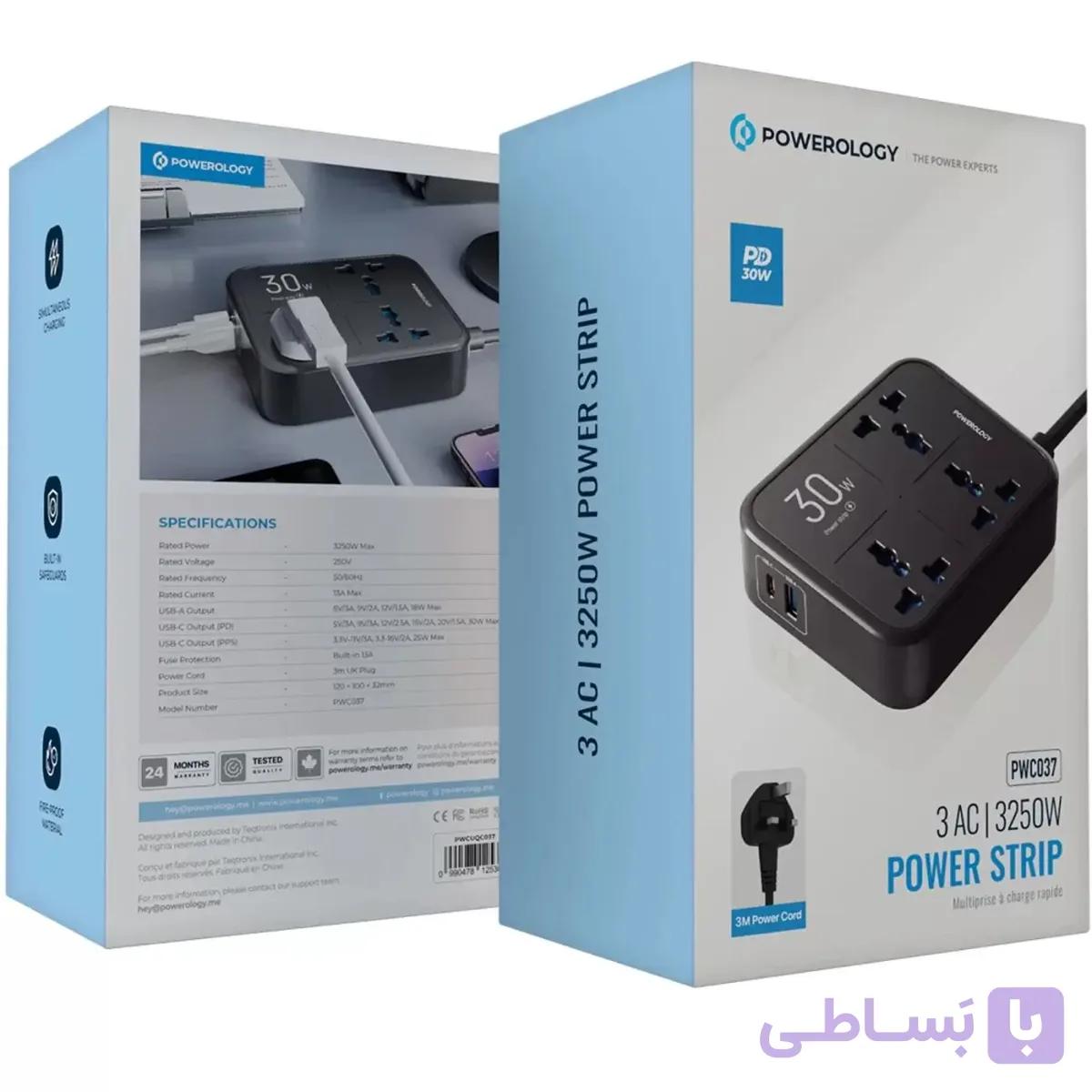 چند راهی و محافظ برق 3250 وات سه سوکت، یک USB و یک تایپ‌سی پاورولوژی PWCUQC037 — تصویر 1