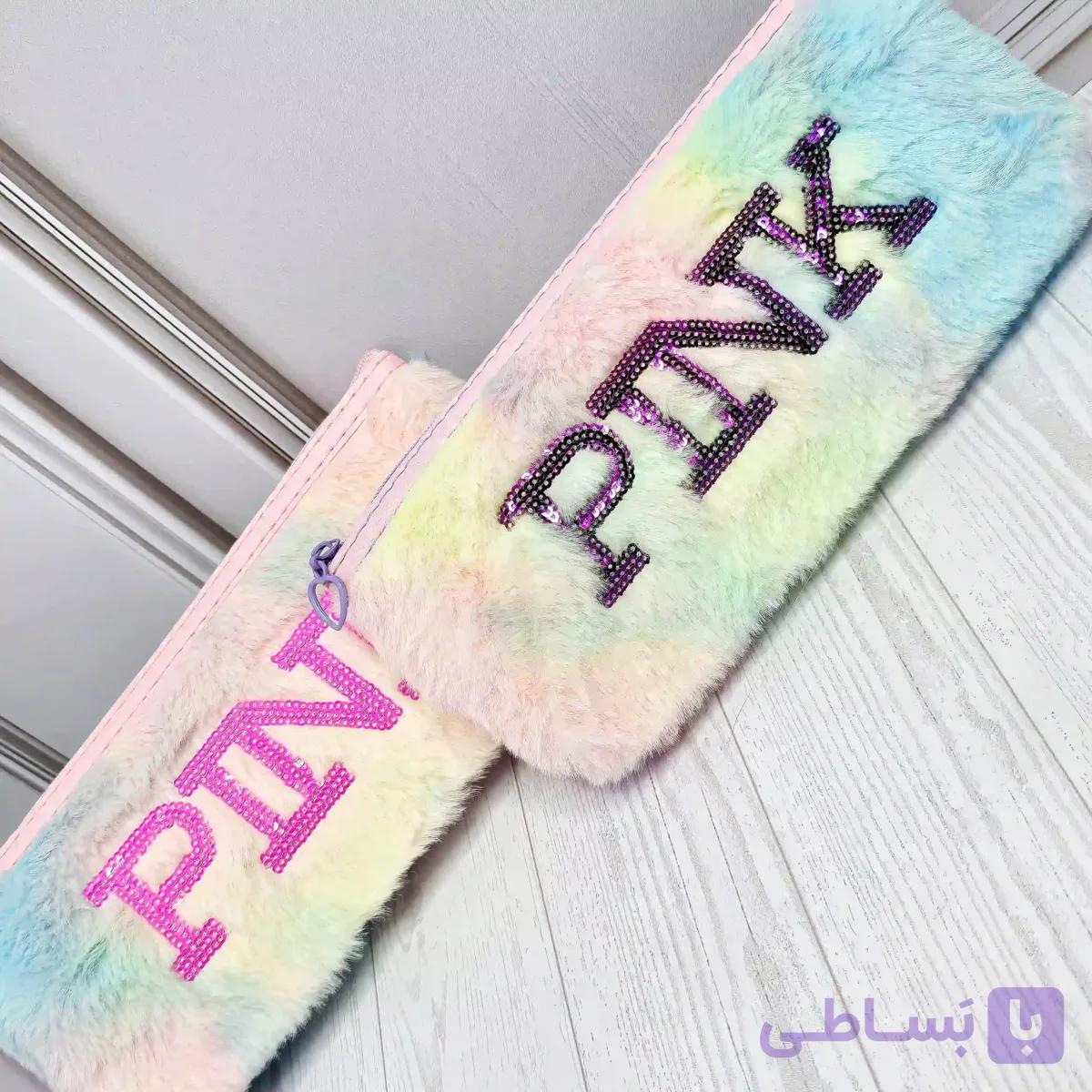 جامدادی فانتزی دخترانه پوم پوم رنگین‌کمانی pink — تصویر 1