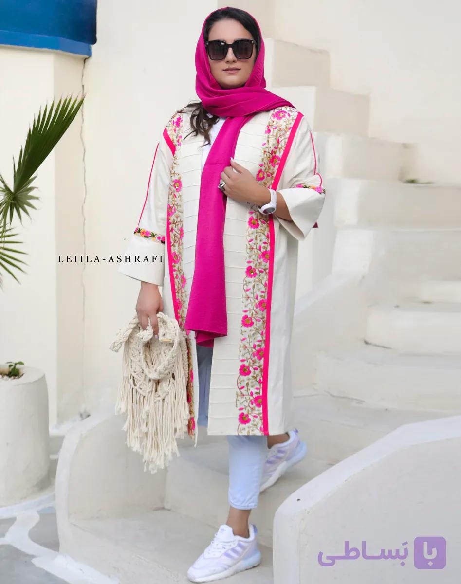 مانتو بلند زنانه دخترانه لینن با خرجکار لینن سوزن دوزی مغزی دوزی شده و یراق دار