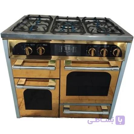 اجاق گاز طرح فر تکنوا ۵ شعله صفحه استیل و نما استیل ۴ درب سیلور و طلایی — تصویر 1