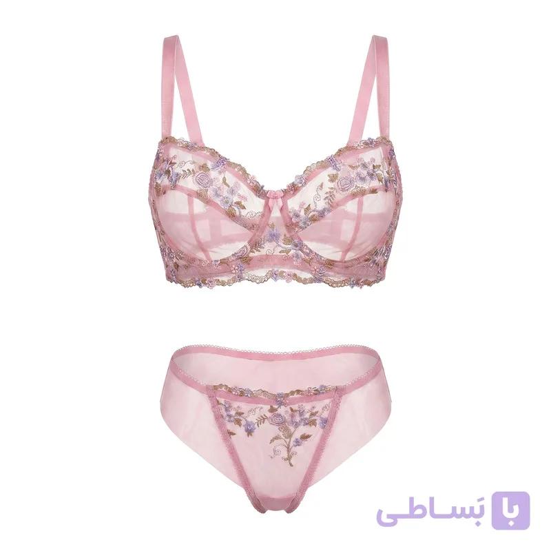 ست شورت و سوتین توری بارون کد 098 رنگ صورتی رز — تصویر 1