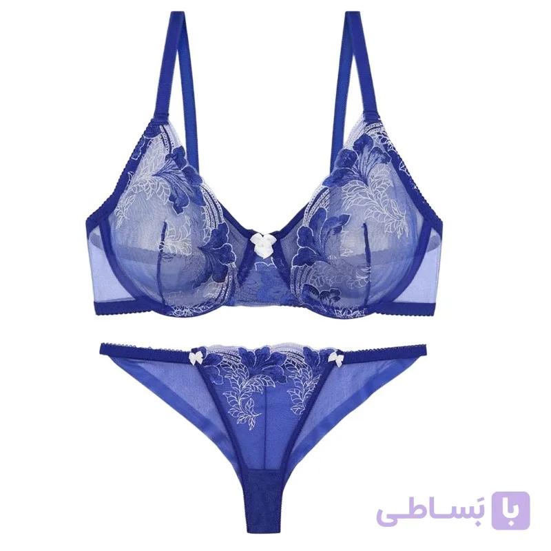 ست لباس زیر بارون مدل تور شیشه ای کد ۲۰۲۲ رنگ آبی — تصویر 1