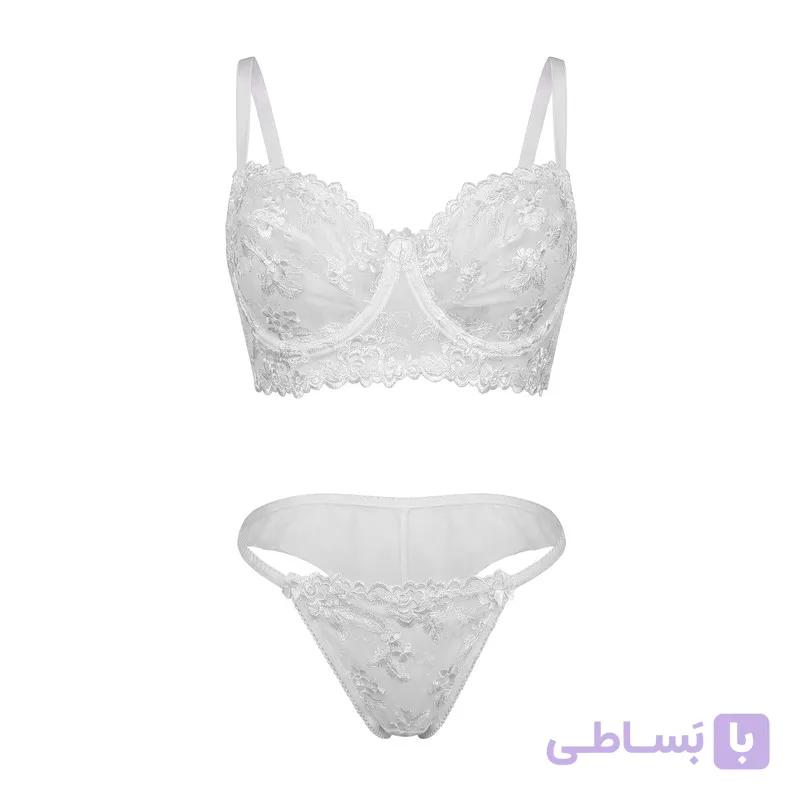 ست شورت و سوتین توری بارون مدل گلدار کد 065 رنگ سفید — تصویر 1
