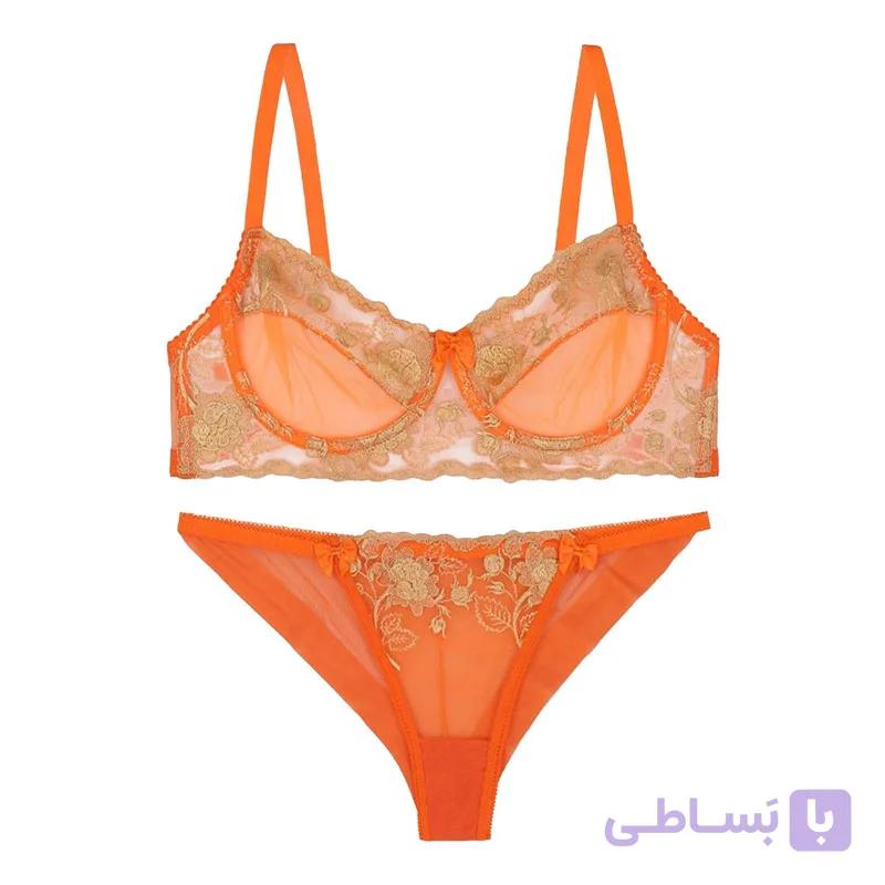 ست شورت و سوتین توری بارون کاپ C کد 084 رنگ نارنجی — تصویر 1