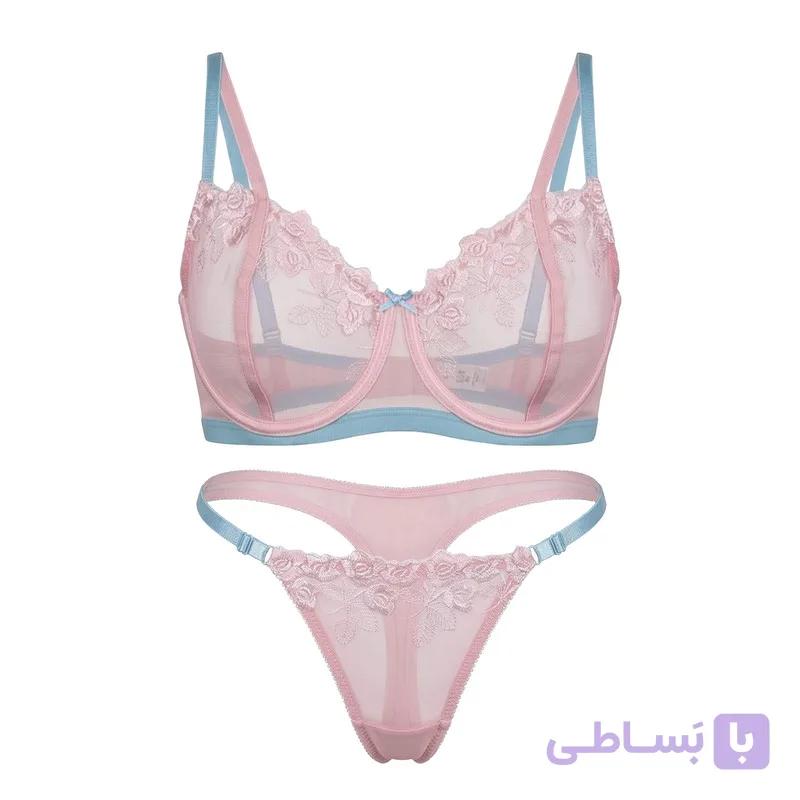 ست لباس زیر زنانه لمون مدل فنردار توری رنگ صورتی آبی — تصویر 1