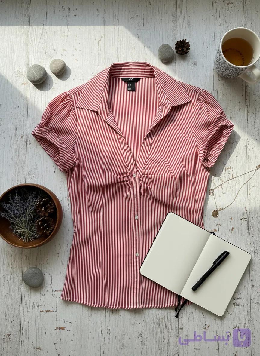 شومیز زنانه H&M قرمز و سفید راه‌راه – مدل آستین کوتاه و یقه‌دار | سایز S