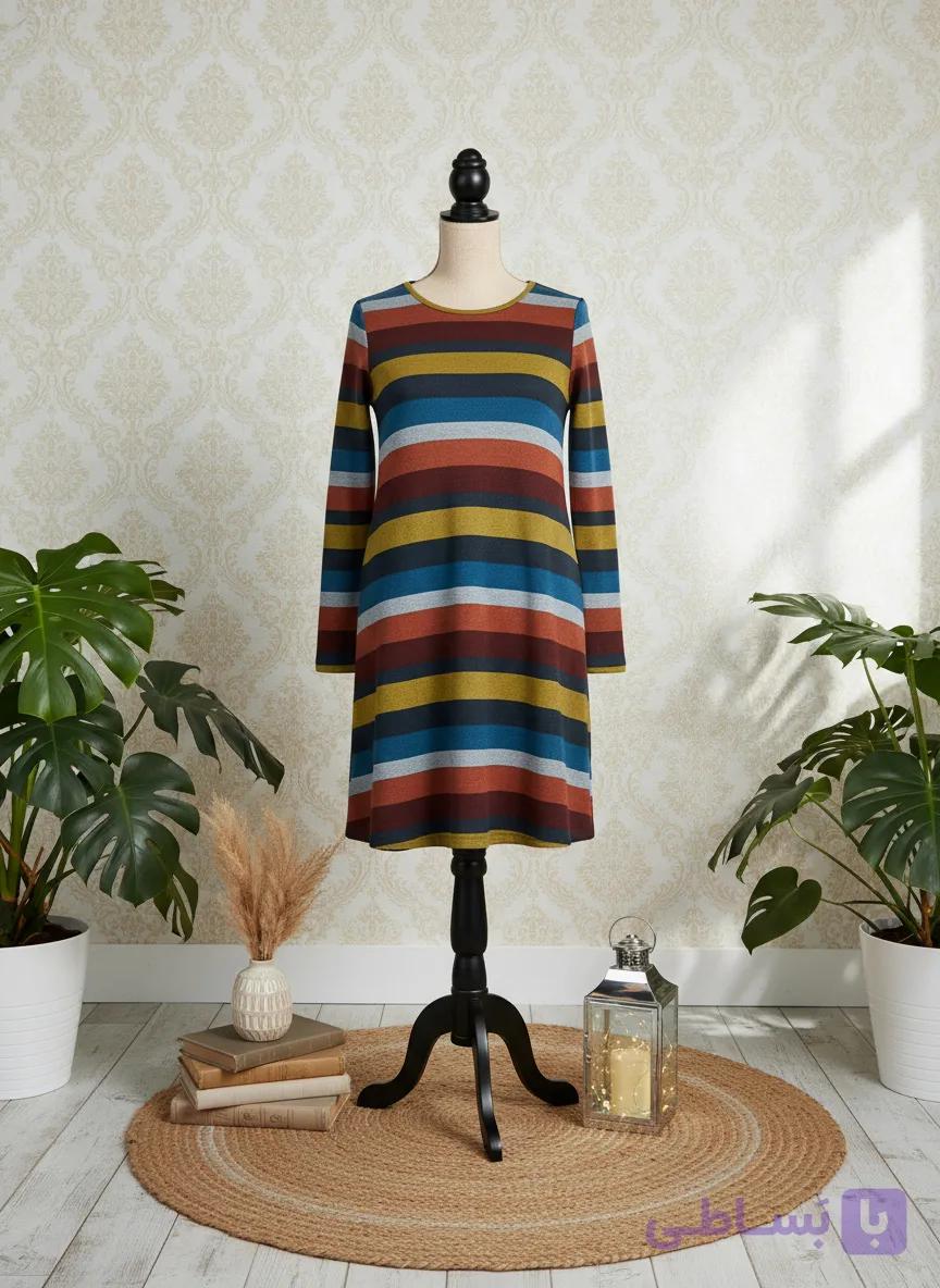 پیراهن زنانه راه‌راه چندرنگ – مدل آستین بلند و آزاد | سایز  S