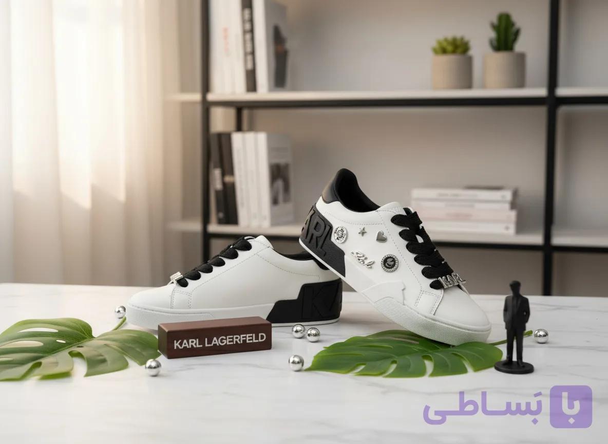 کفش کتانی زنانه Karl Lagerfeld مدل لوگودار به رنگ سفید و مشکی