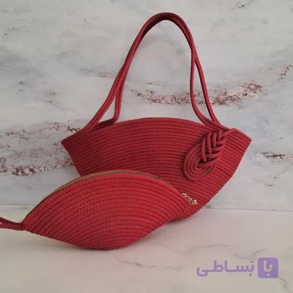 کیف ساحلی قیطان‌دوزی قرمز + کیف لوازم آرایش ست کد 133 — تصویر 1