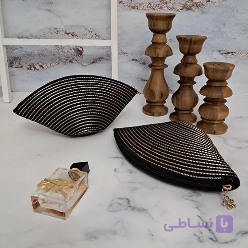 کیف لوازم آرایش قیطان دوزی مشکی طلایی