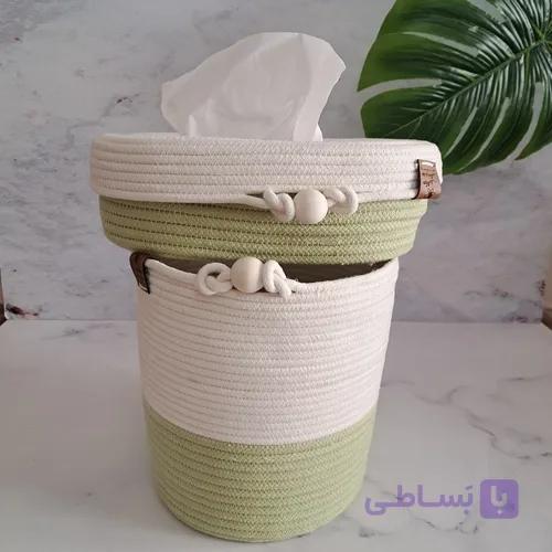 ست سطل و کاور دستمال کاغذی قیطان دوزی دو رنگ سبز و کرم — تصویر 1