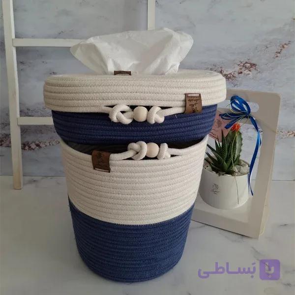 ست سطل و کاور دستمال کاغذی قیطان دوزی دو رنگ کد 136 — تصویر 1