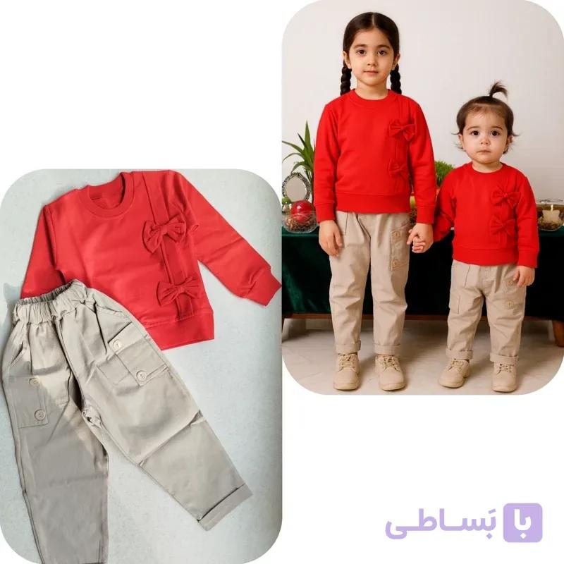 ست دخترانه بیرونی بلوز دورس پاپیونی با شلوار مام کتان درجه یک سایز ۳۵ تا ۵۵