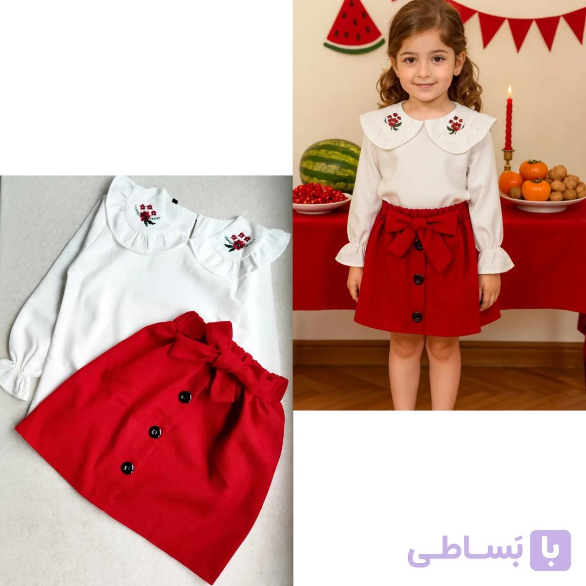 ست دخترانه شومیز یقه گلدوزی و دامن پاپیونی یلدایی